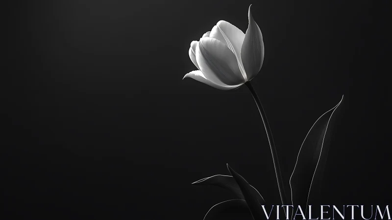 Single white tulip on dark background in side lighting.