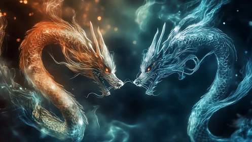 Twin elemental dragons trade sparks in a cosmic standoff tonight
