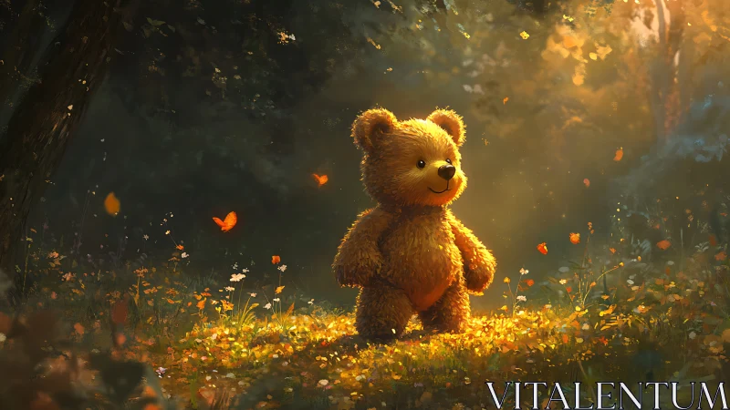 Smiling plush teddy bear stands in glowing forest clearing.