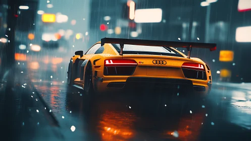 Yellow Audi R8 GT racer in nocturnal rain-soaked city street