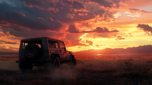 Off-road SUV silhouettes against expansive desert sunset sky.