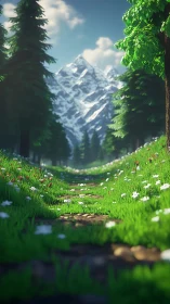 Procedural alpine path with depth-of-field forest rendering.