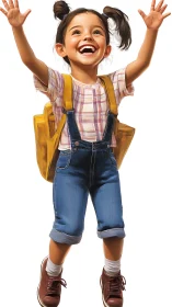 Child in casual outfit with backpack on white background.