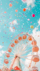 Ferris wheel rises under bright sky filled with balloons