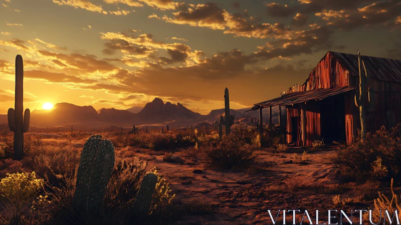 Desert shack sits among cacti under low orange sunset light