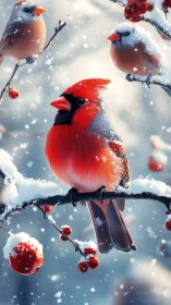 Cardinals perch on snowy berry branches in soft winter light