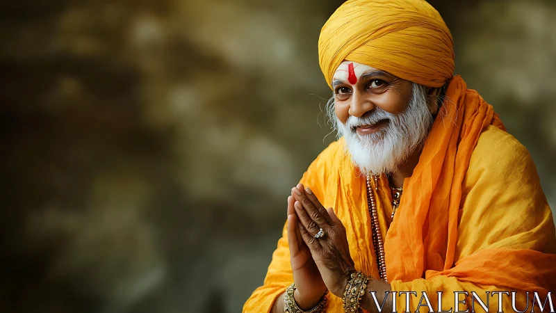 Smiling elder in saffron robes under warm cinematic light.