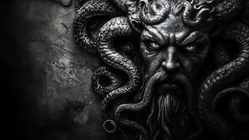 Mythic stone demon head emerges with writhing tentacles