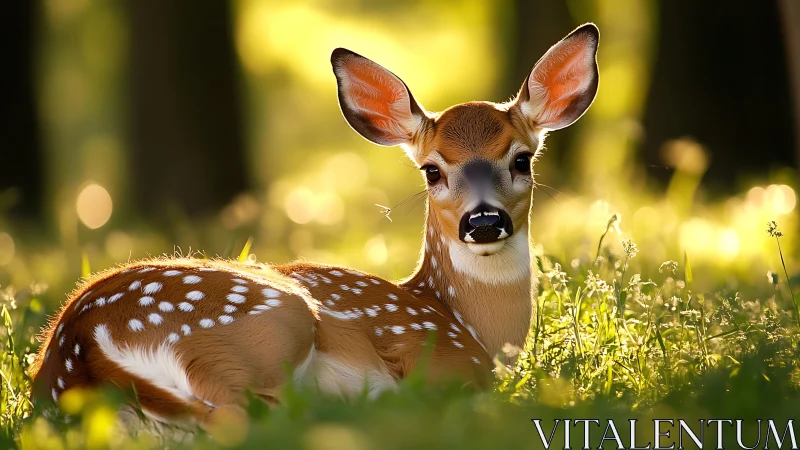 Backlit fawn in sunlit meadow rendered with photoreal depth