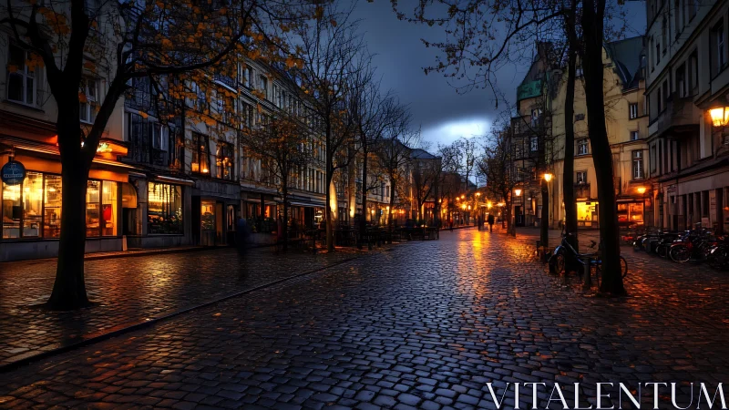 Cobblestone city street reflects warm lights after rainfall