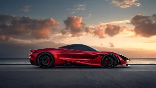 Side-profile hypercar render in sunset coastal environment