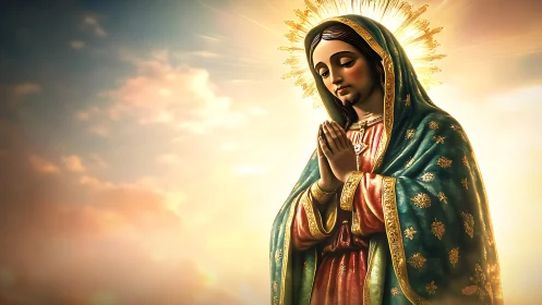 Digital Marian icon in prayer with radiant backlit halo glow