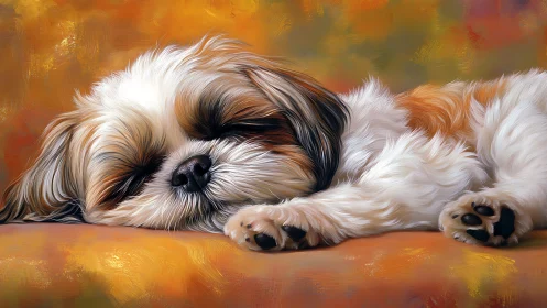 Dreamy shih tzu slumbers on a painted autumn cushion.