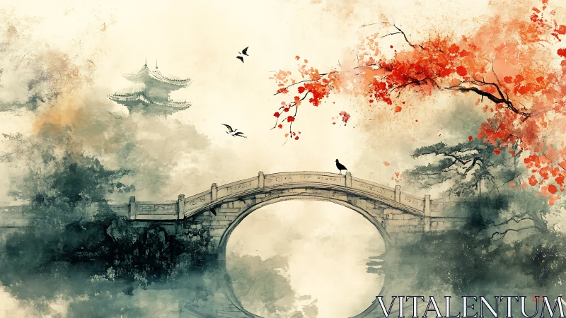 Quiet stone bridge beneath drifting autumn blossoms.