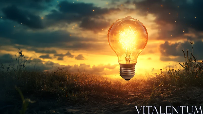 Illuminated glass bulb hovers over grassland at sunset