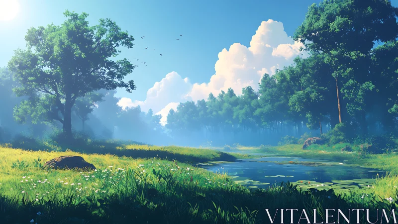 Sunlit forest pond with vivid summer meadow glow.