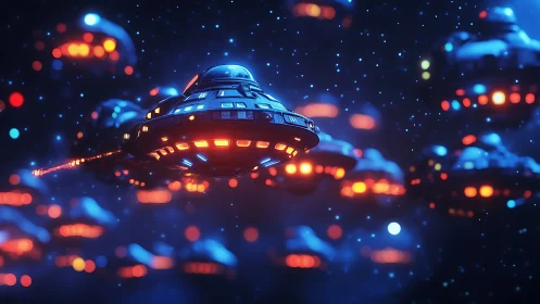 Illuminated saucer fleet rendered in dense bokeh field of stars