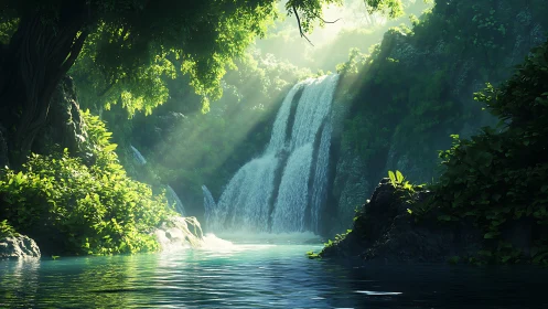 Digital painting of luminous jungle waterfall basin environment.