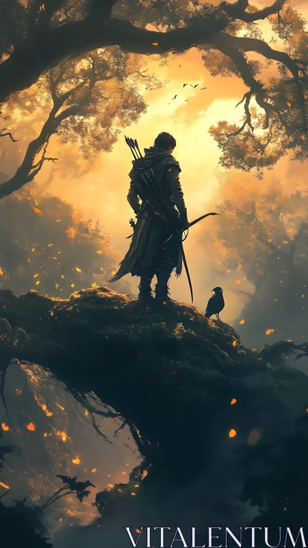 Forest archer stands with a loyal crow in glowing dawn light