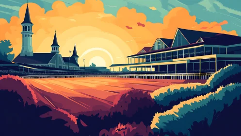 Sunlit racetrack grandstands glowing in a dreamy evening hush.