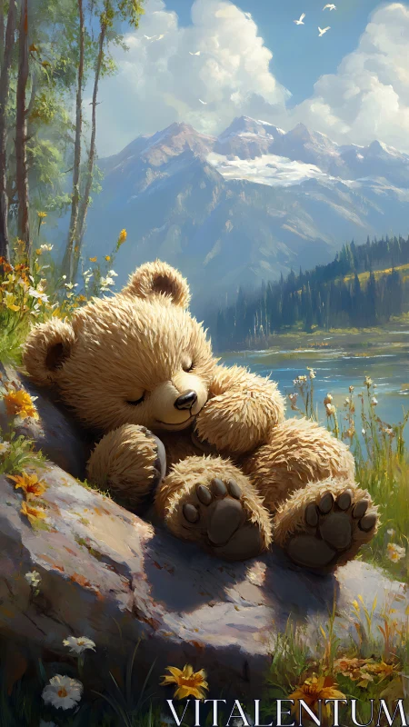 Digital painting of sleeping bear cub in alpine meadow light.