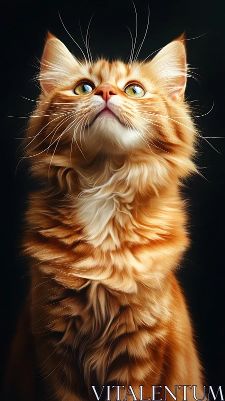 Ginger cat with wide eyes and extended whiskers against dark background.