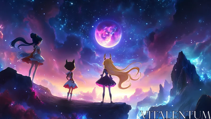 Cosmic magical girls under nebula sky and glowing moon.