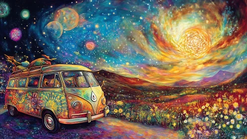 Cosmic roadtrip van drifting beneath a swirling aurora sun.