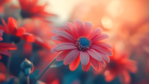 Red daisy flower with blue center in soft focus environment