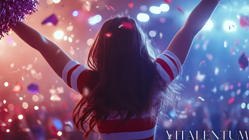 Backlit cheerleader silhouette in bokeh stadium spectacle.