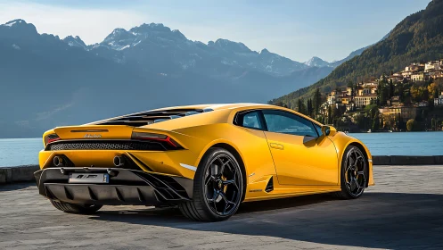 Sunlit supercar stretches its curves beside glacier-blue lake