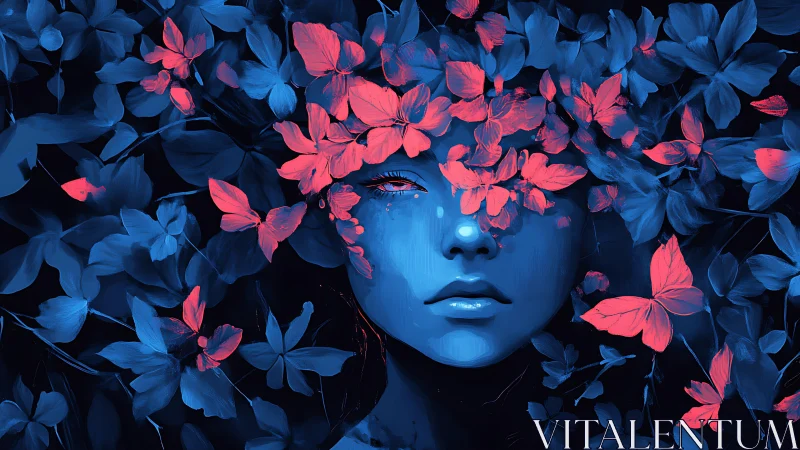 Surreal blue portrait merges with glowing coral blossoms