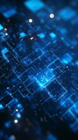 Glowing digital squares drift gently through a deep blue grid