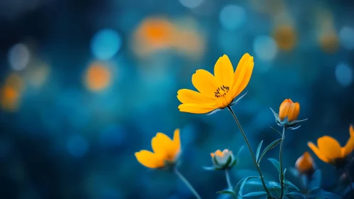 Shallow-depth bokeh imagery reveals vibrant yellow petals against deep teal blur.