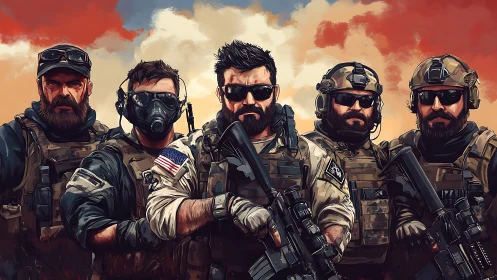 Tactical squad stands united against dramatic sunset sky.