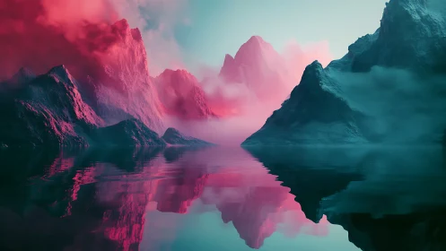 Neon mist mountains mirrored in still alien lake.