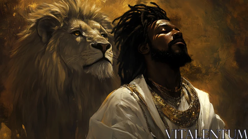 Regal African figure and lion rendered in dramatic chiaroscuro