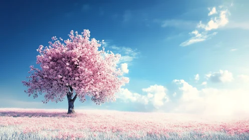Solitary cherry blossom tree glows beneath wide pastel sky.
