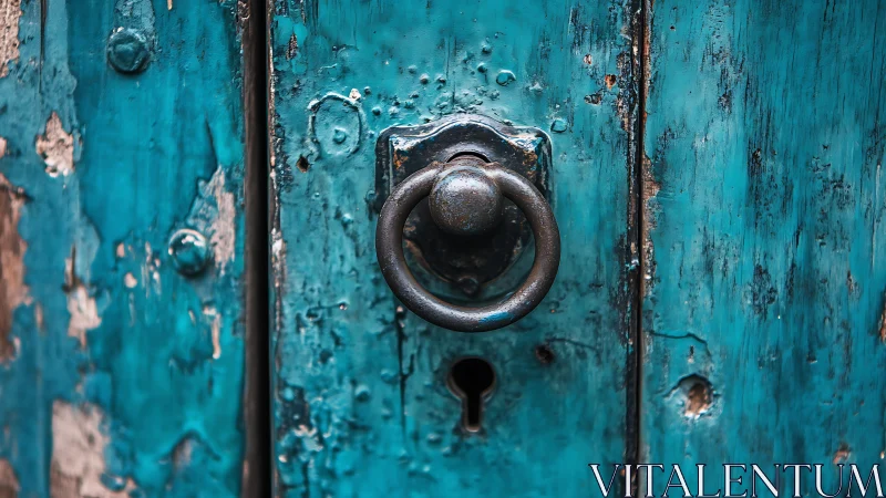 Weathered turquoise door invites curiosity with metal knocker