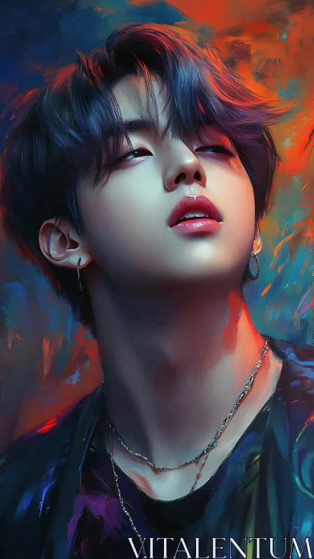 Digital portrait of luminous youth amid abstract neon bokeh