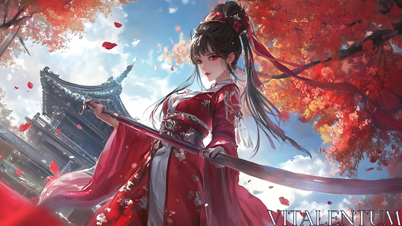 Sword maiden dominates crimson autumn temple courtyard.