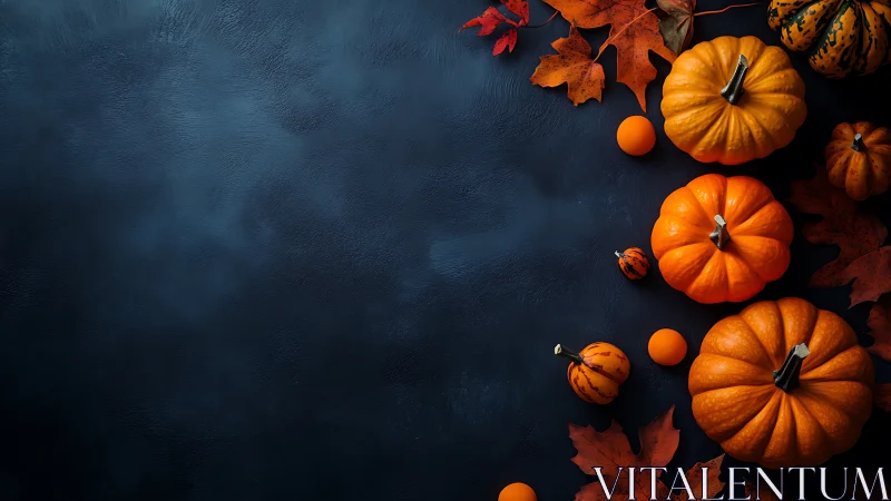 Autumn pumpkins on navy background with moody side lighting.