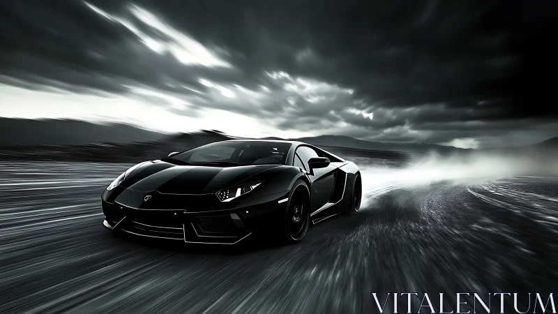 Photorealistic black supercar in dynamic cinematic motion study.
