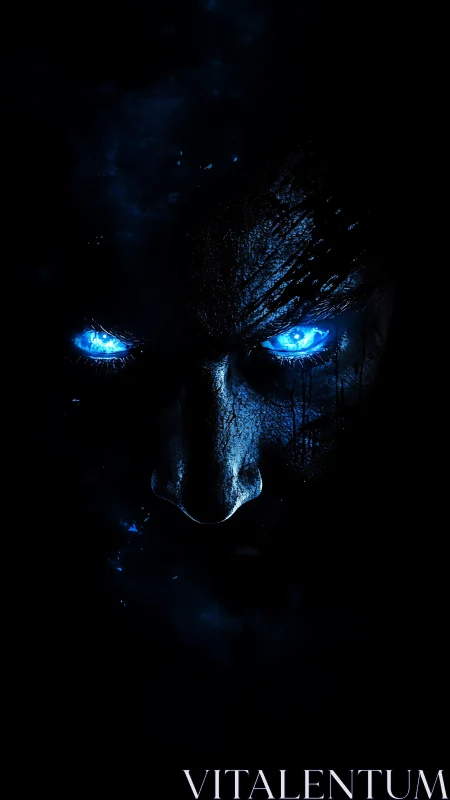 Glowing blue-eyed spectral face emerges from deep shadow
