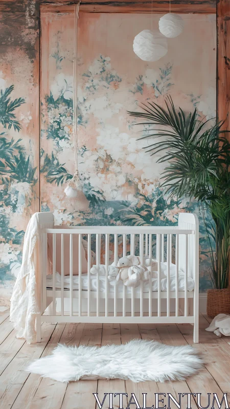 Scandinavian baby crib in boho nursery with floral mural wall