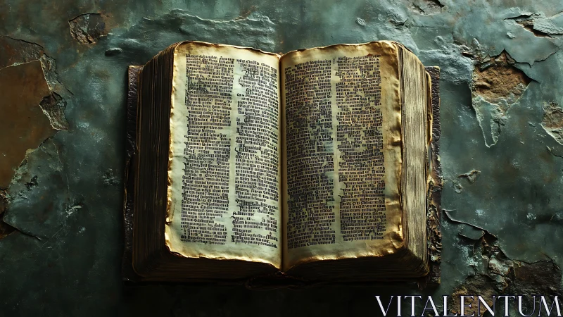 Ancient illuminated book resting on corroded metal surface.