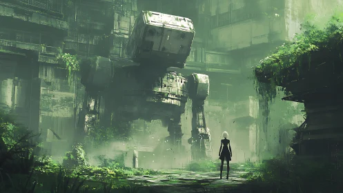 Quiet courage meets a dormant robot in a misty green ruin