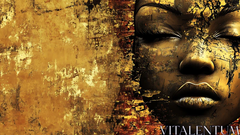 Golden female face in fragmented textured abstract art.