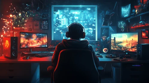 Gamer workstation with triple monitors in neon-lit room.
