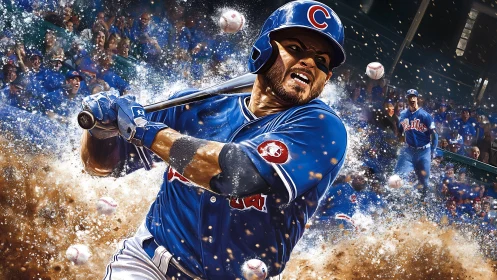 Powerful Cubs batter swings through exploding infield dirt.